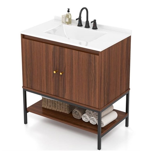 Modern Walnut Wood Finish Bathroom Vanity With White Sink