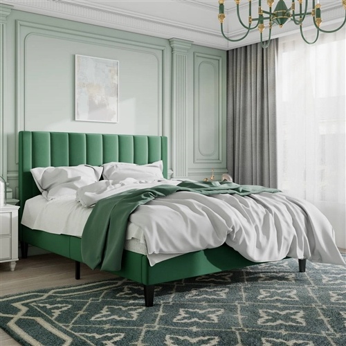 Full Size Green Velvet Upholstered Platform Bed Frame With Headboard