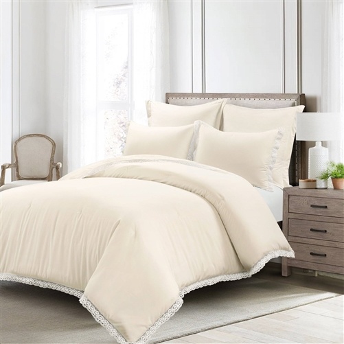 Full/Queen French Country Ivory 5-Piece Lightweight Comforter Set W/ Lace Trim