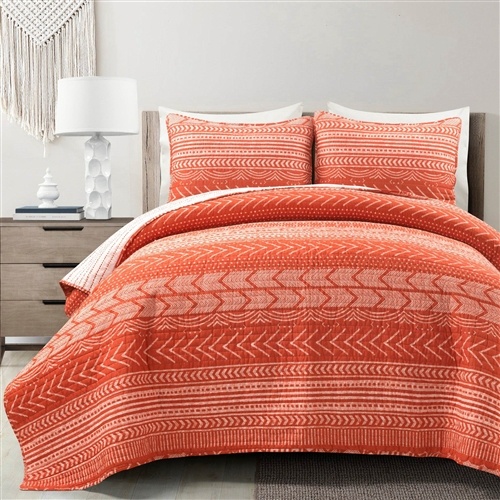 King Size Scandinavian Chevron Orange White Stripe Reversible Cotton Quilt Set