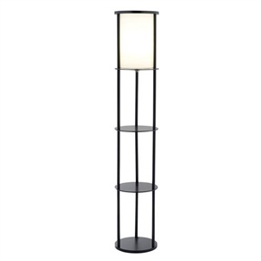 Modern Asian Style Round Shelf Floor Lamp In Black With White Shade