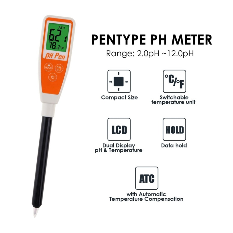 Long Glass Tube Pentype Ph Meter Sharp Tip Probe Digital Water Quality Tester Dual Display With Atc 2.0~12.0Ph Measurement Range