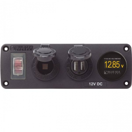 Blue Sea Water-Resistant 12V 15A Circuit Accessory Panel Socket with Dual USB and Volt Meter