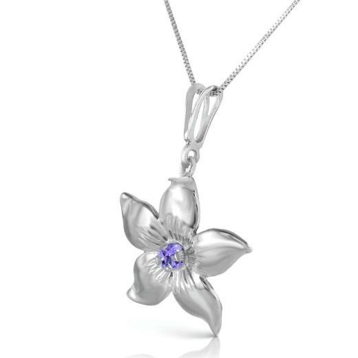 0.1 Carat 14K Solid White Gold Flower Necklace with Natural Purple Amethyst