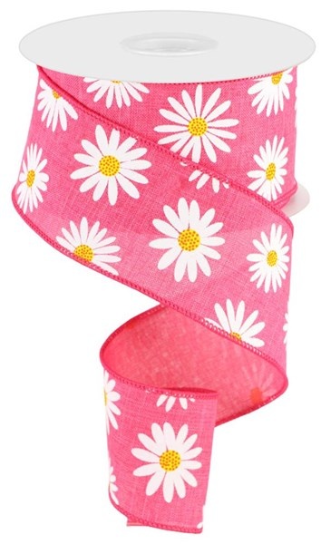 2.5"X10yd Daisy On Royal Burlap Ribbon - Pink