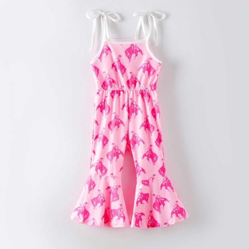 Girls Pink Rodeo Print Bell Bottom Romper