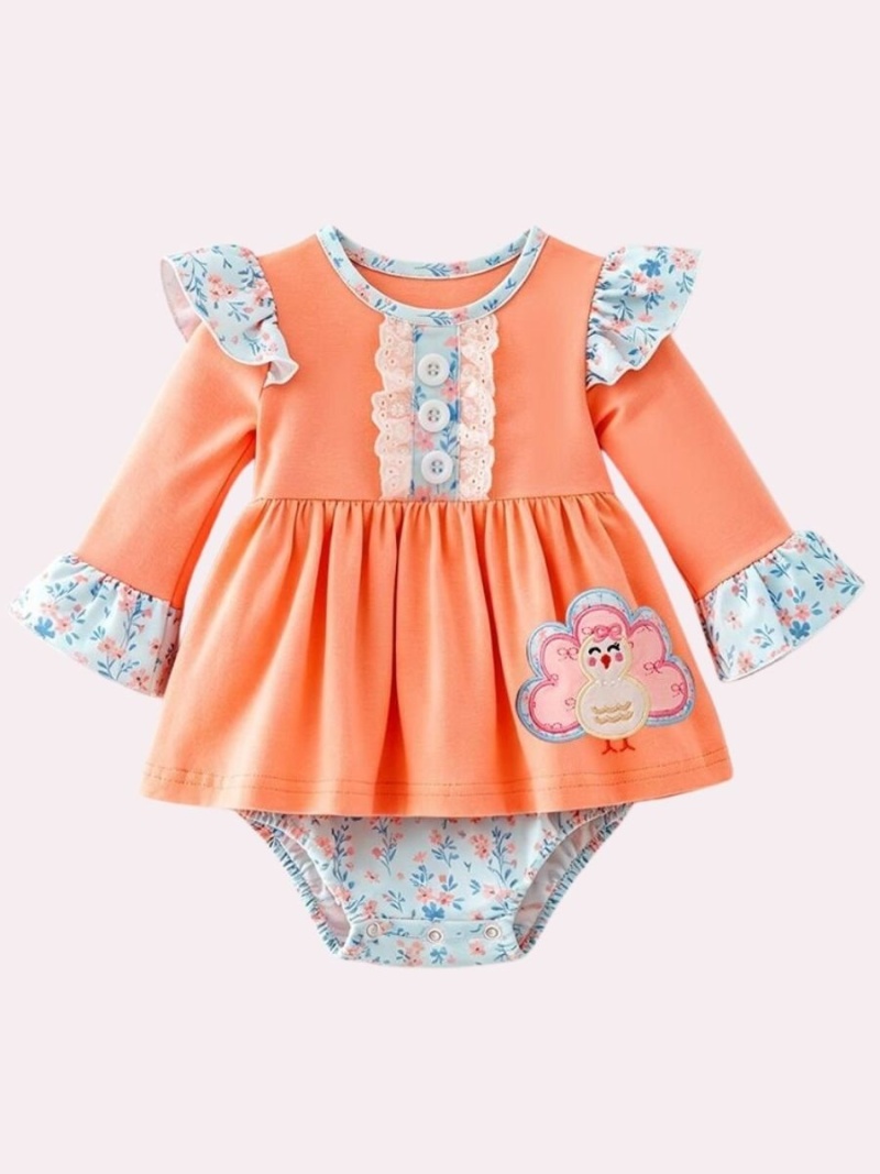 Baby Girl Turkey Floral Thanksgiving Skirted Romper