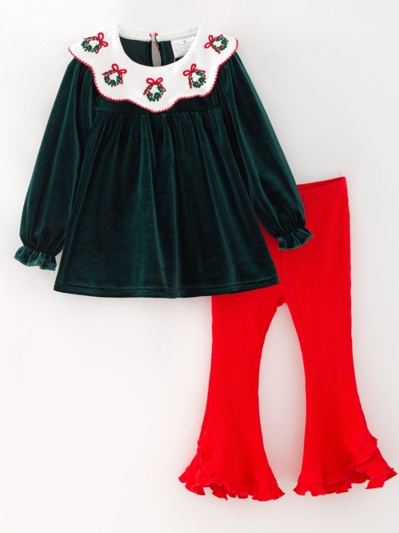 Green Velvet Christmas Wreath Collar Girls Bell Bottom Set