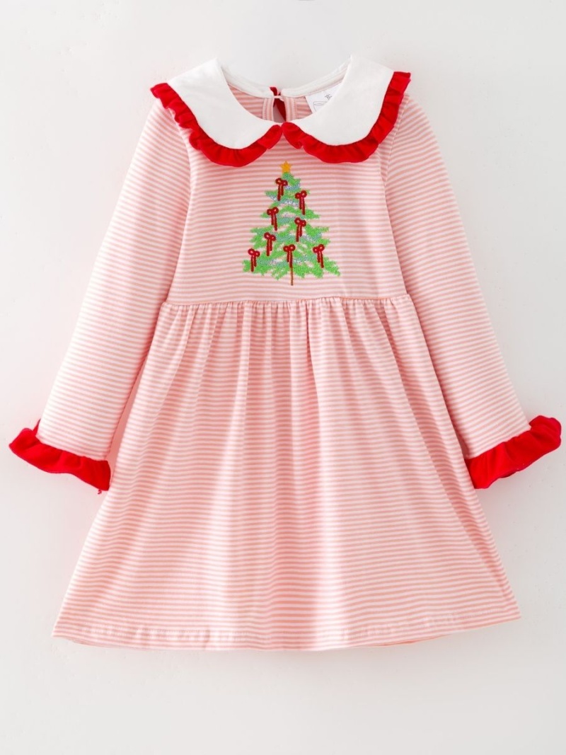 Pink Stripe Christmas Tree Embroidered Peter Pan Collar Girls Dress