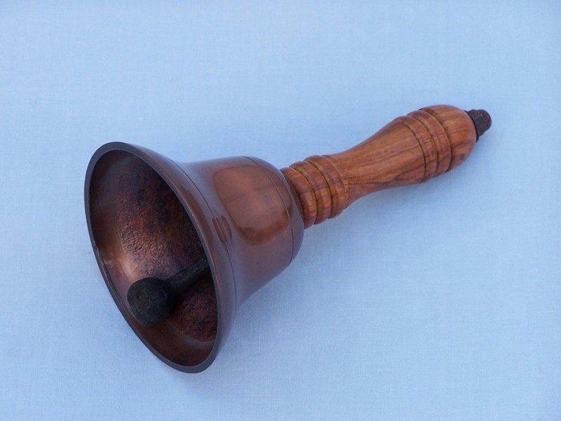 Antique Copper Hand Bell With Wood Handle 6"