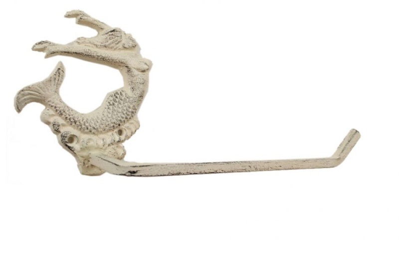 Whitewashed Cast Iron Decorative Arching Mermaid Toilet Paper Holder 11"