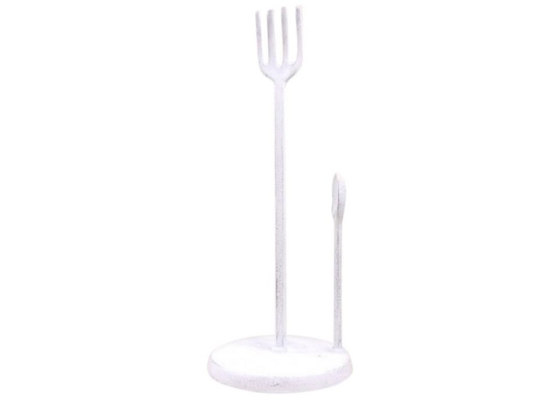 Whitewashed Cast Iron Fork And Spoon Kitchen Paper Towel Holder 15"