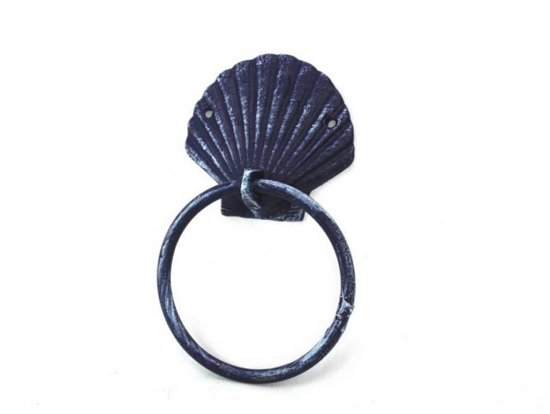Rustic Dark Blue Cast Iron Seashell Towel Holder 8.5"