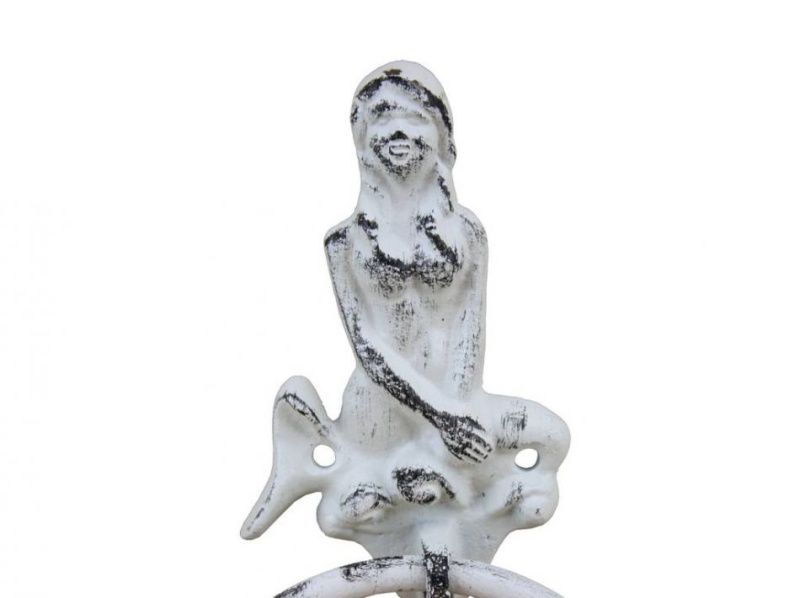 Rustic Whitewashed Cast Iron Mermaid Towel Holder 8.5"