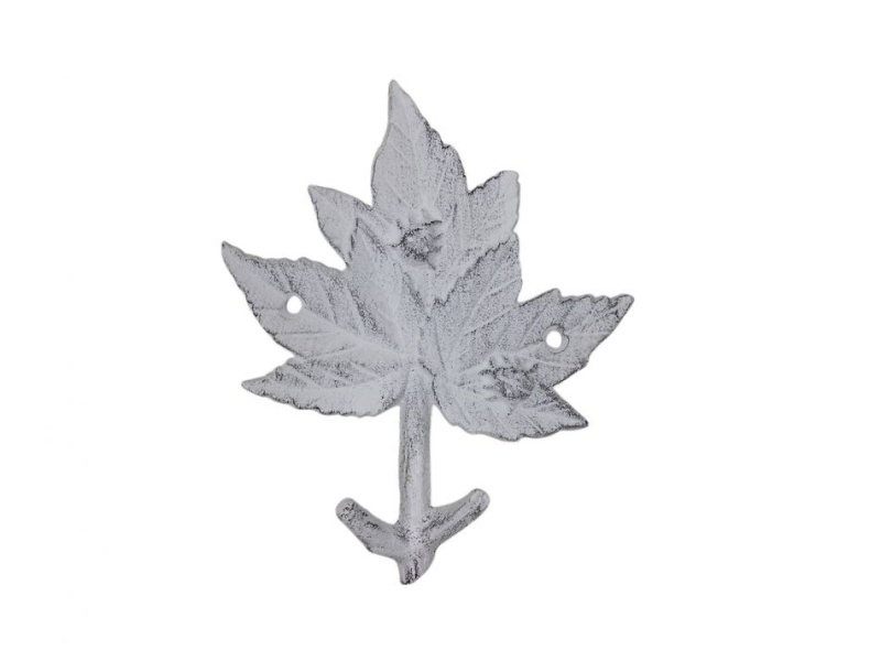 Whitewashed Cast Iron Maple Tree Leaves Decorative Metal Tree Branch Hooks 6.5"