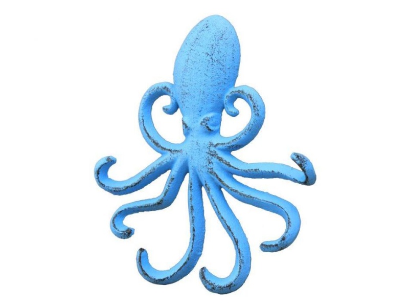 Rustic Light Blue Cast Iron Wall Mounted Decorative Octopus Hooks 7"