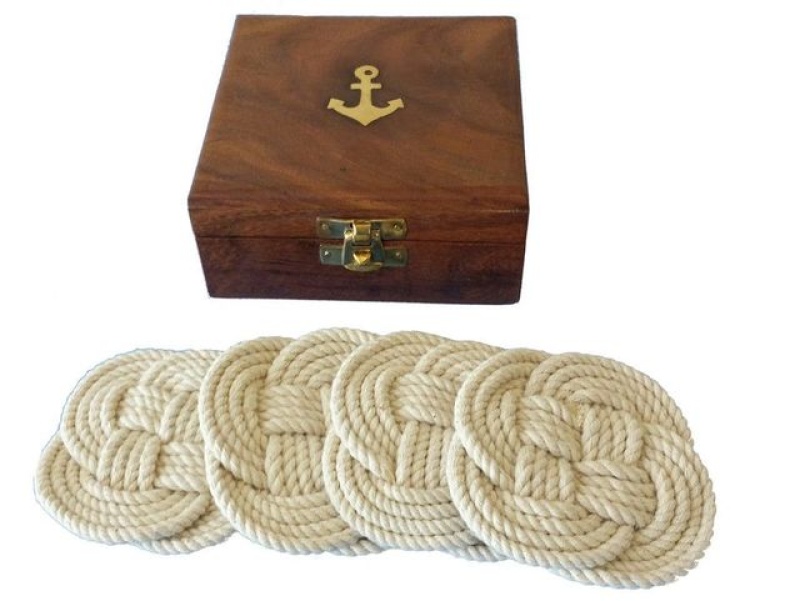 Set Of 4 - Rope Coasters W/ Anchor Box 4"