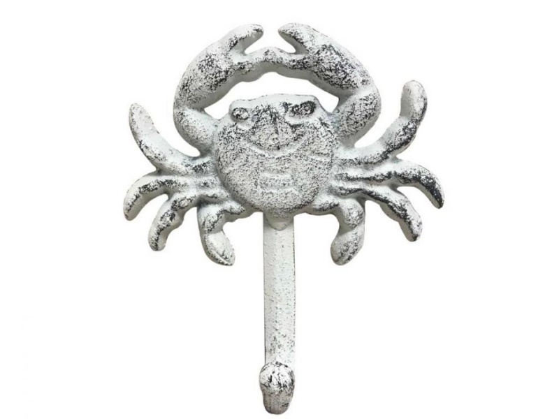 Rustic Whitewashed Cast Iron Wall Mounted Crab Hook 5"