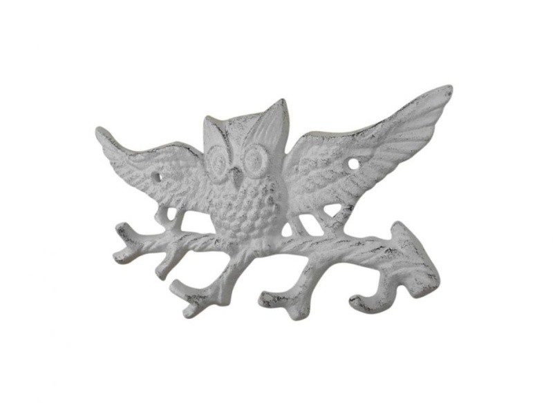 Whitewashed Cast Iron Flying Owl Landing On A Tree Branch Decorative Metal Wall Hooks 7.5"