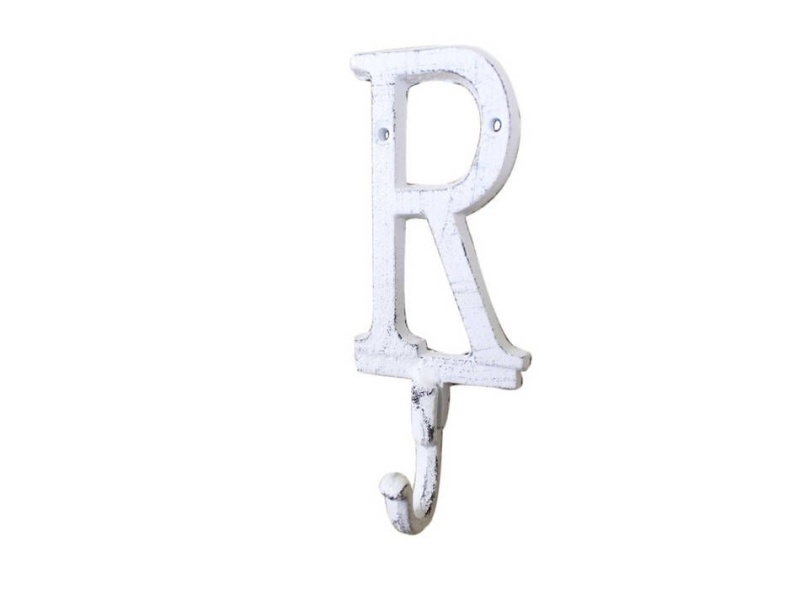 Whitewashed Cast Iron Letter R Alphabet Wall Hook 6"