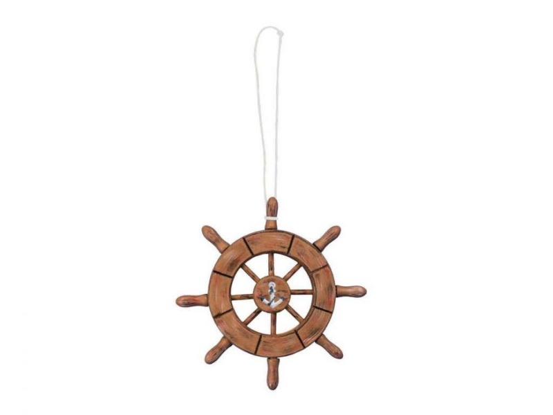 Rustic Wood Finish Decorative Ship Wheel With Anchor Christmas Tree Ornament 6"