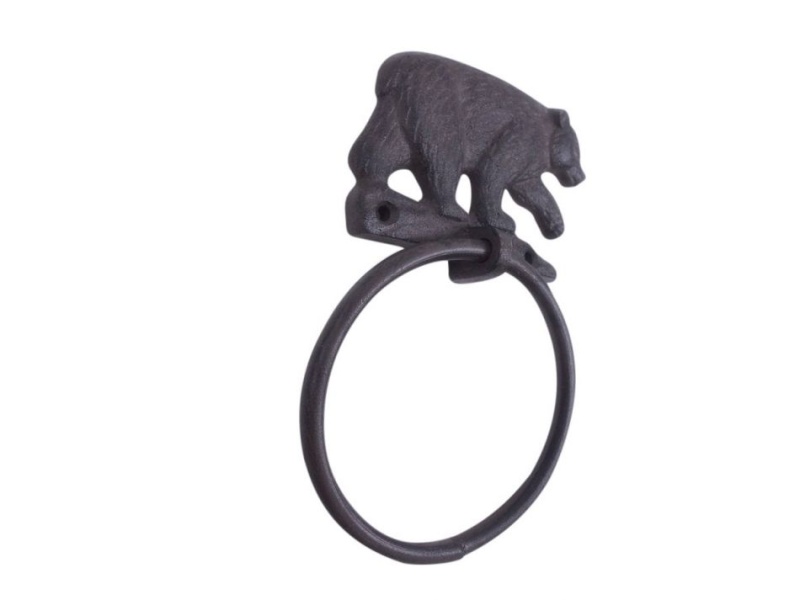 Cast Iron Black Bear Kitchen Bathroom Towel Ring 8.5"