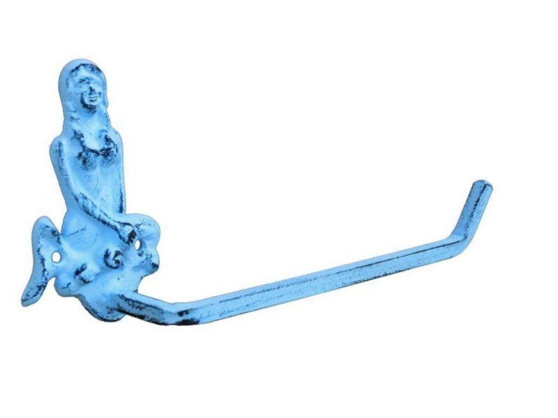 Dark Blue Whitewashed Cast Iron Mermaid Toilet Paper Holder 10"