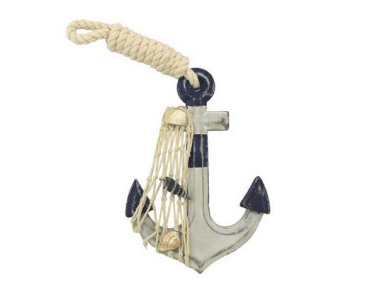 Wooden Rustic Decorative Blue And White Anchor 6"