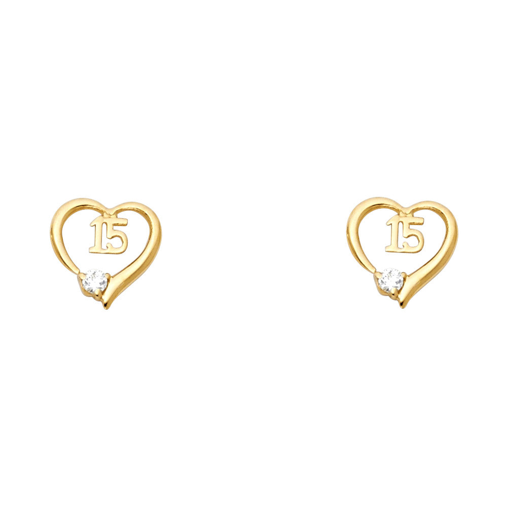14K Gold Cz Heart Quinceanera Stud Earrings