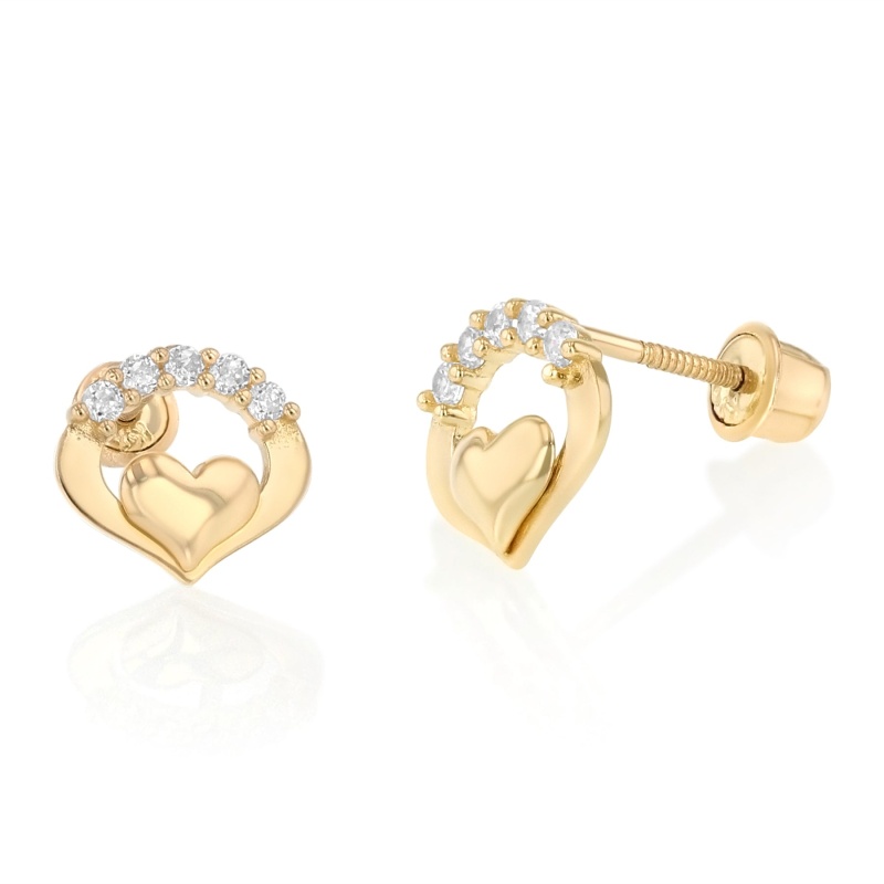 14K Gold Cz Heart Stud Earrings