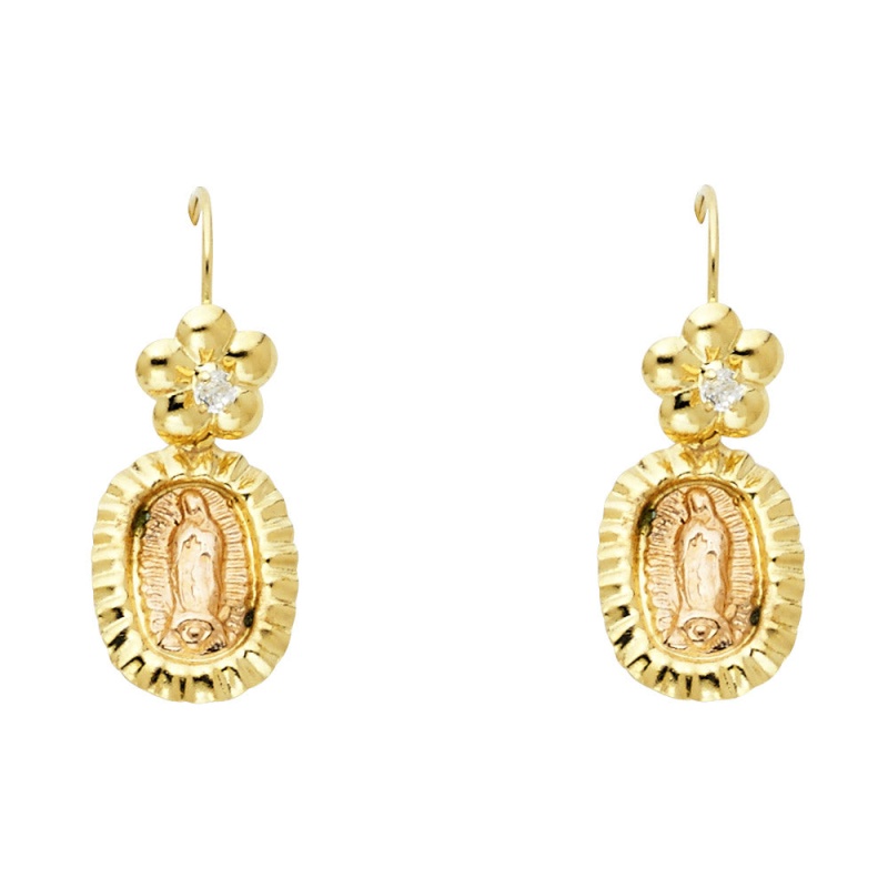 14K Gold Guadalupe And Flower Hanging Earrings