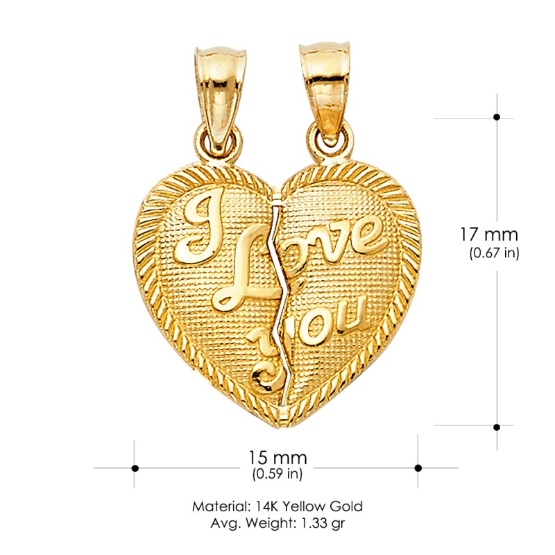 14K Gold Small 'I Love You' Couple Broken Heart Charm Pendant