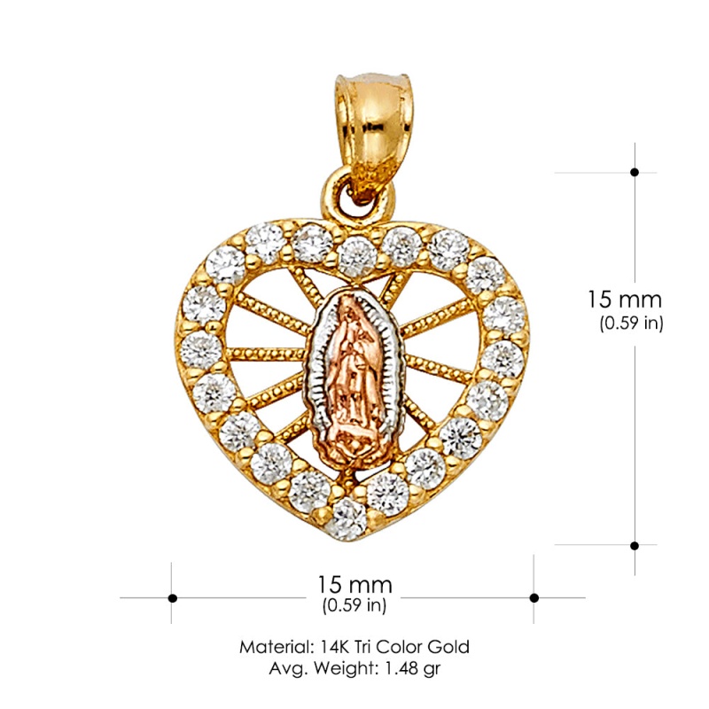 14K Gold Religious Guadalupe Heart Cz Charm Pendant