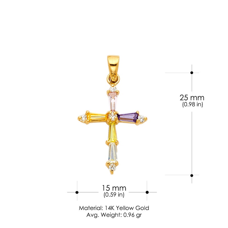 14K Gold Cross Tapered Baguette Cz Colored Religious Pendant