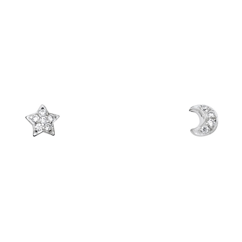 14K Gold Cz Moon And Star Stud Earrings