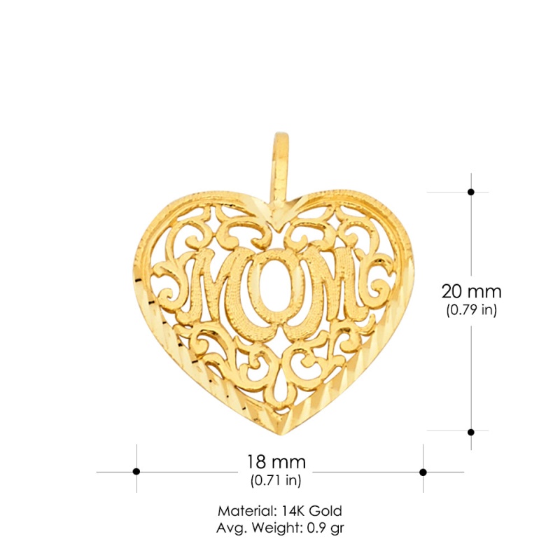 14K Gold Mom Heart Cz Charm Pendant