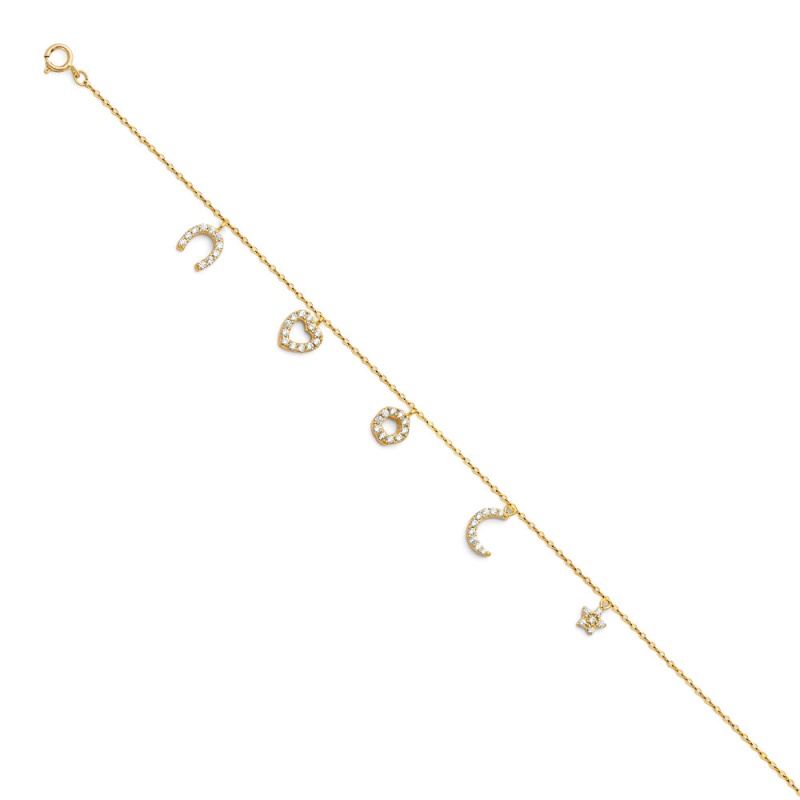 14K Solid Gold Light Cz Horseshoe Heart Flower Chain Bracelet - 7+1'