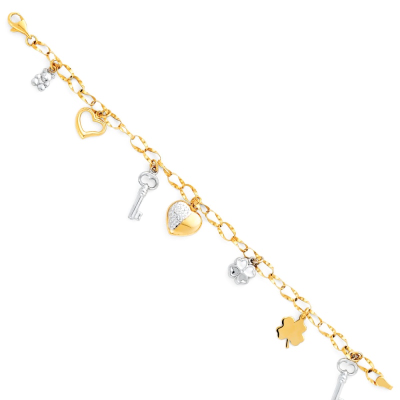 14K Gold Lucky Charms Clover Flower Heart Bear Hollow Bracelet - 7.5'