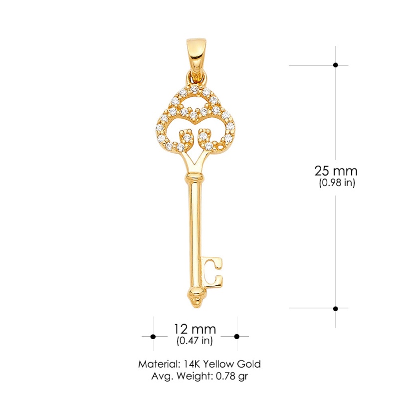 14K Gold Vintage Key Cz Charm Pendant