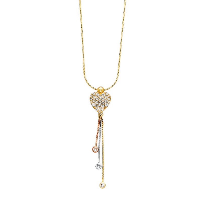 14K Gold Heart With 3 Drops Cz Heart Chain Necklace - 16'