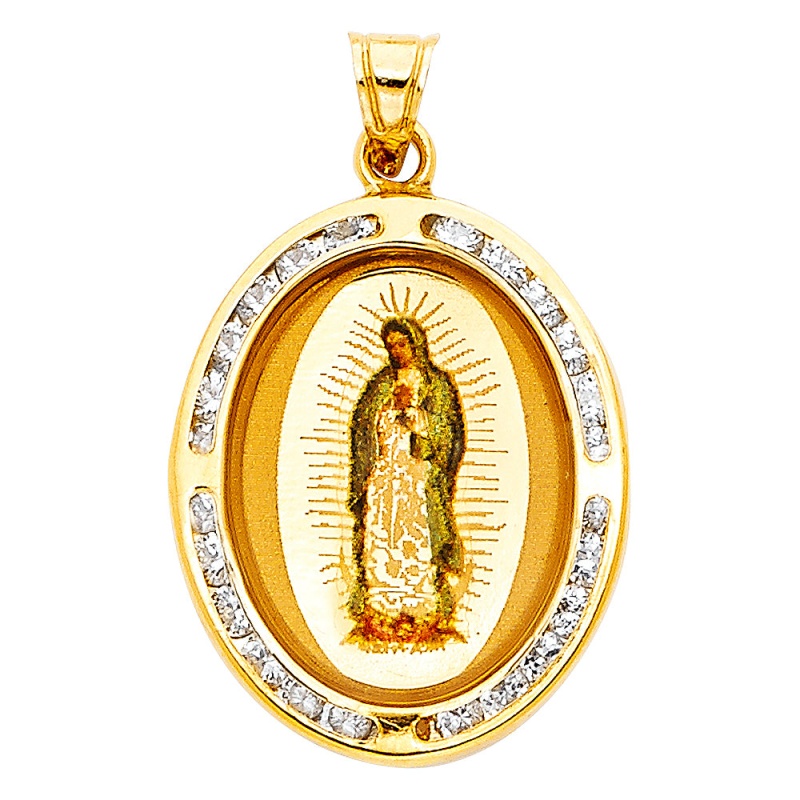 14K Gold Guadalupe Cz Religious Pendant