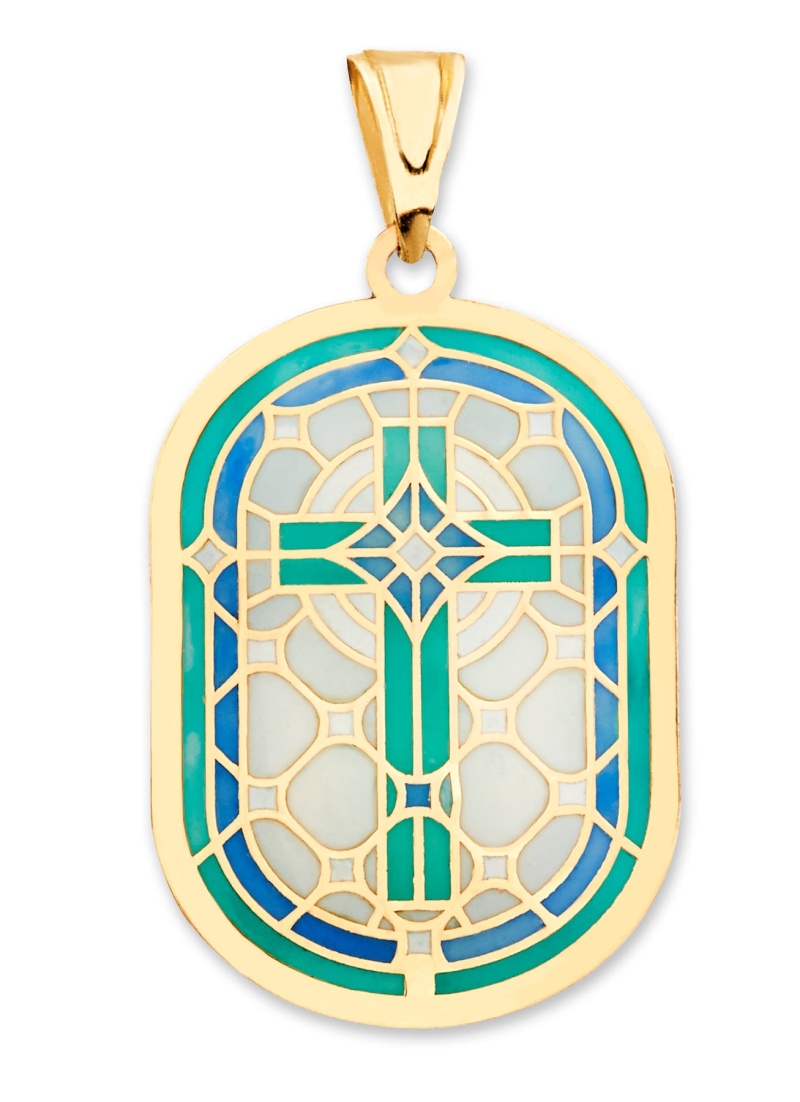 14K Gold Stained Glass Religious Cross Medal