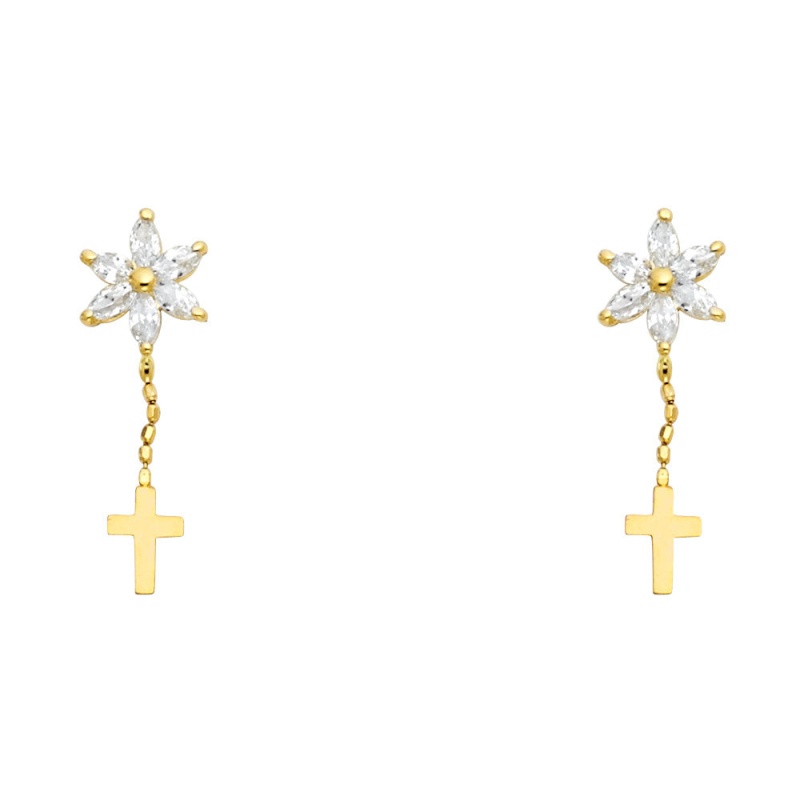 14K Gold Cz Flower And Cross Dangle Drop Stud Earrings
