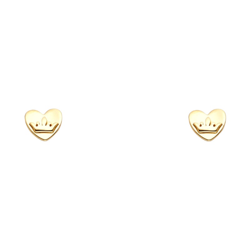 14K Gold Heart And Princess Crown Stud Earrings