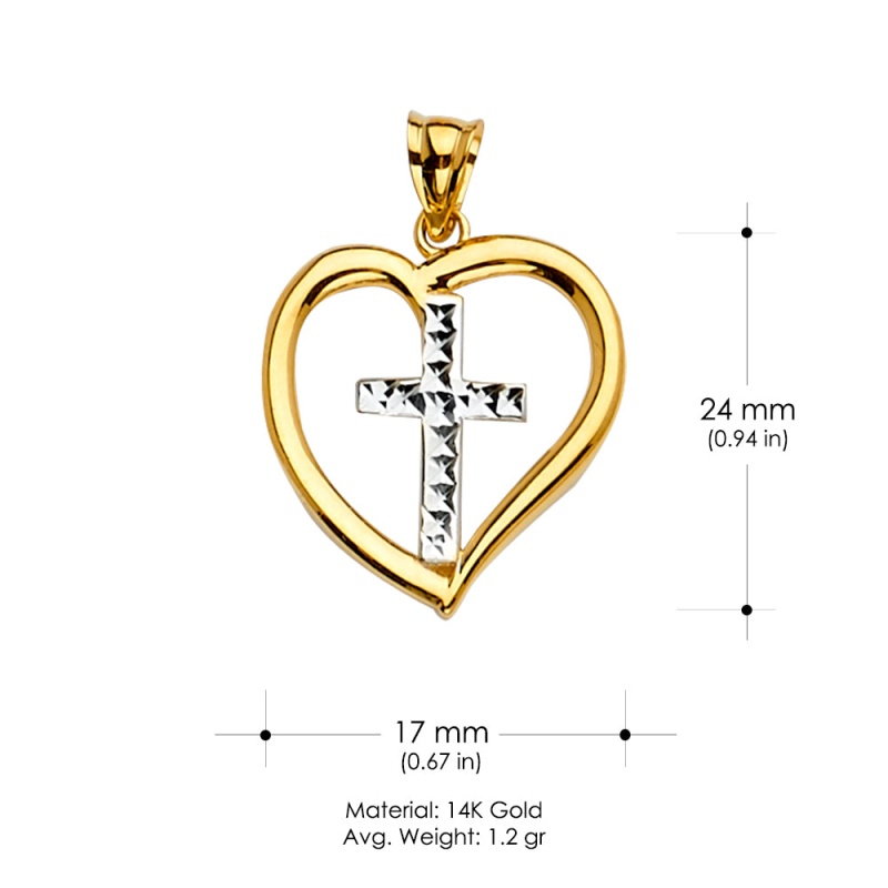 14K Gold Heart With Cross Religious Pendant