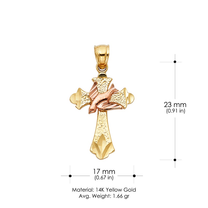 14K Gold Religious Cross With Holy Spirit Dove Charm Pendant