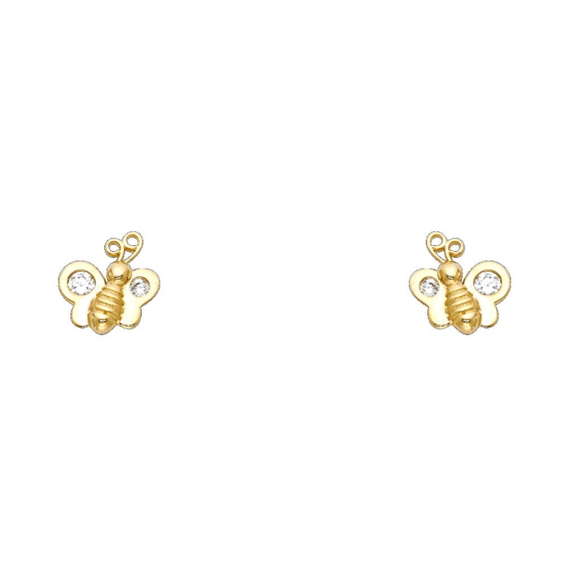 14K Gold Cz Tiny Honey Bee Bumble Bee Stud Earrings