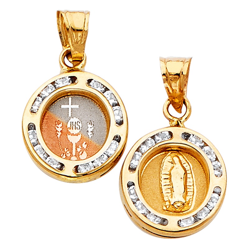 14K Gold Double Sided Round Religious Pendant