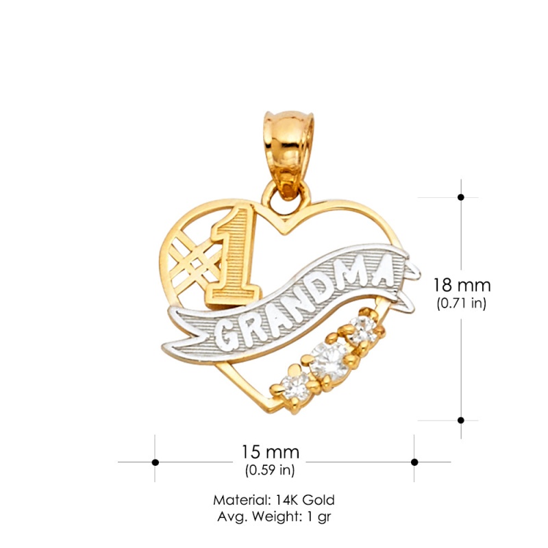 14K Gold #1 Grandma Heart Cz Charm Pendant