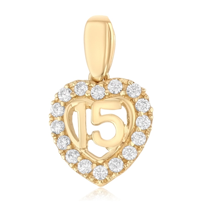 14K Gold 15 Years Birthday Quinceanera Heart Cz Charm Pendant